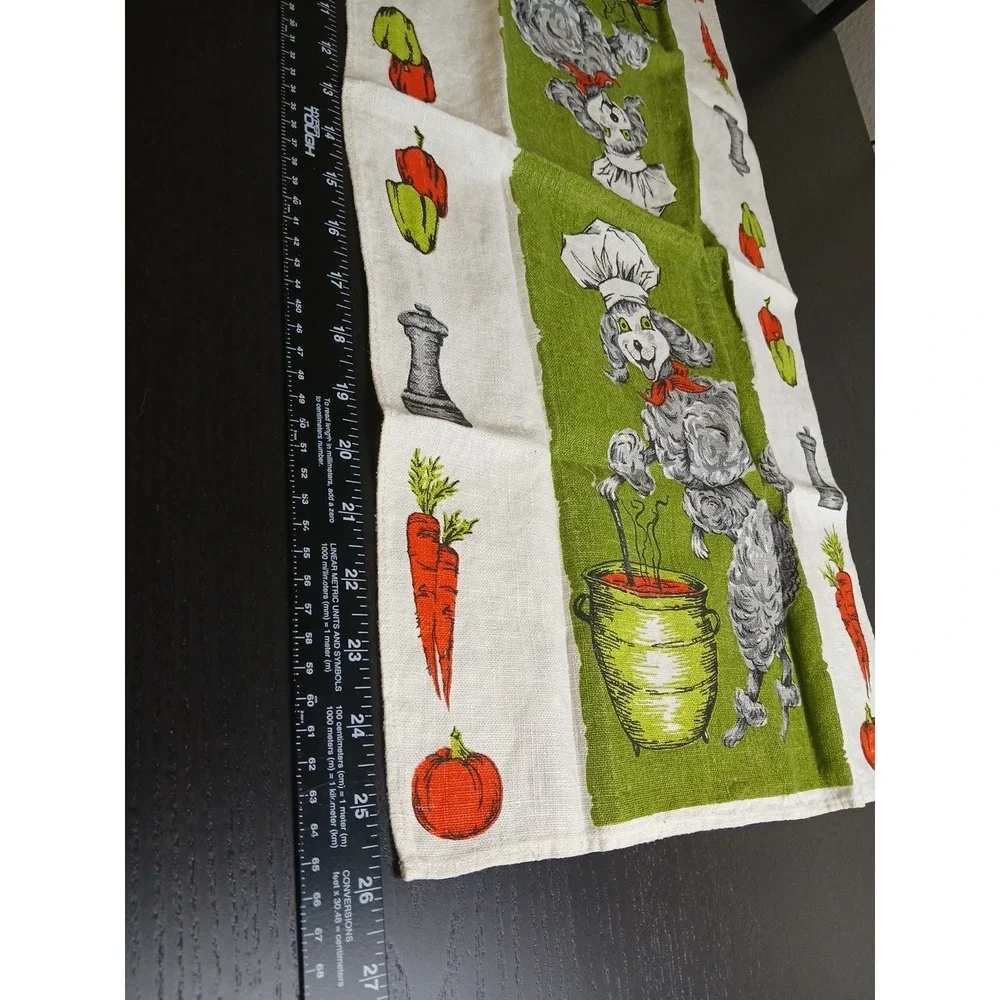 Vintage Printed‎ linen Towel Green & POODLE Dog Cooking Made Poland #457C